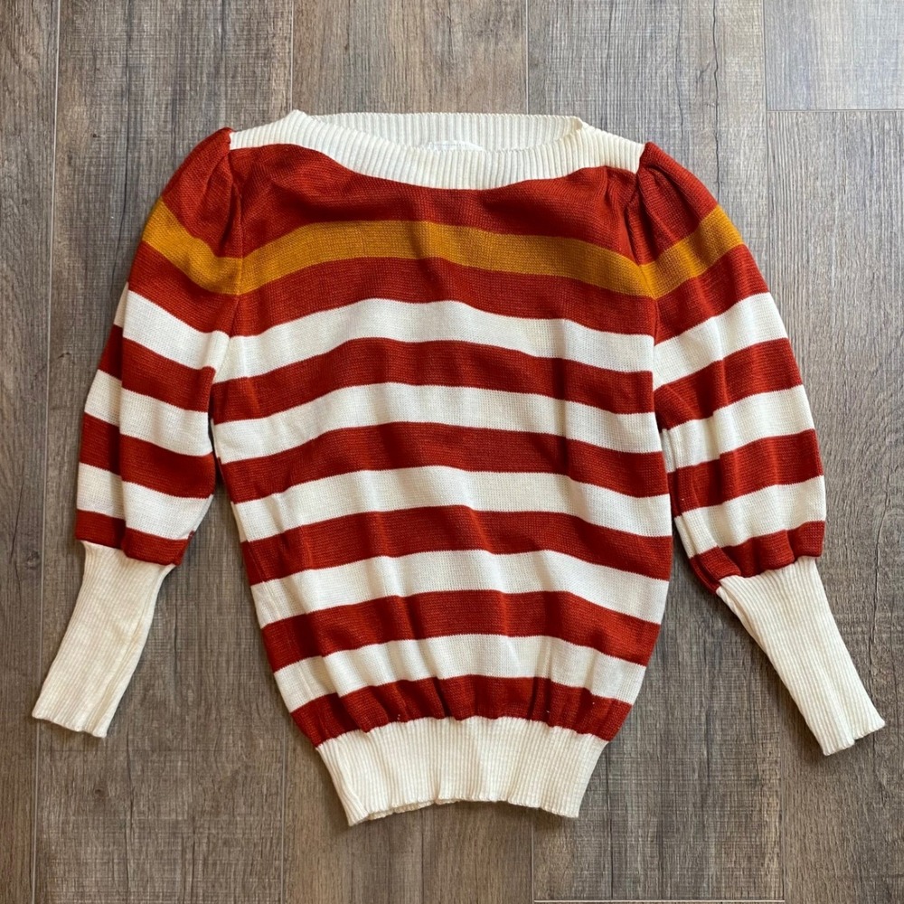 Vintage Looking Good Striped Knit Sweater Red White Yellow Puff Sleeve USA Made